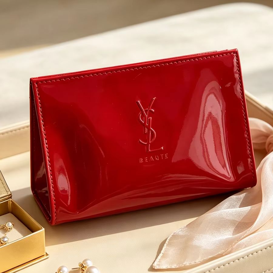 Luxury Skincare And Makeup Brands - YSL Rote Lackleder-Mini-Kosmetiktasche mit Geprägtem Logo,